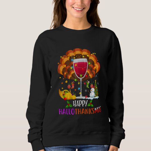 Wine Glass Thankgiving   Wine Happy Hallothanksmas Trui (Voorkant)