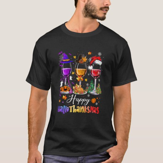 Wine Glasses Halloween Merry Christmas Happy Hallo T-shirt (Voorkant)