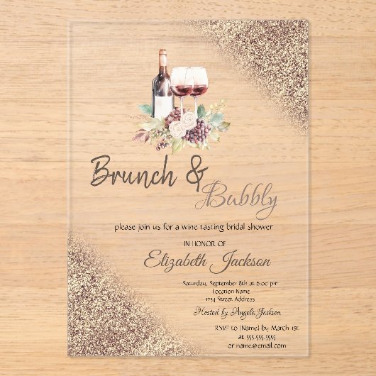 Wine Grapes Glitter Bokeh Brunch & Bubbly Acryl Uitnodigingen (Voorkant)