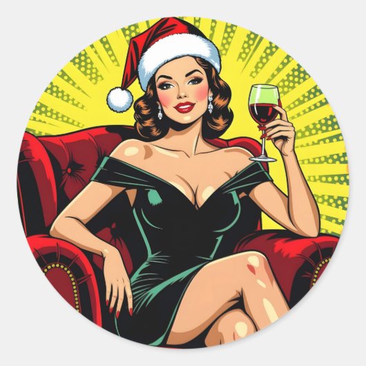 Wine Humor Retro Pop Art Christmas Ronde Sticker (Voorkant)