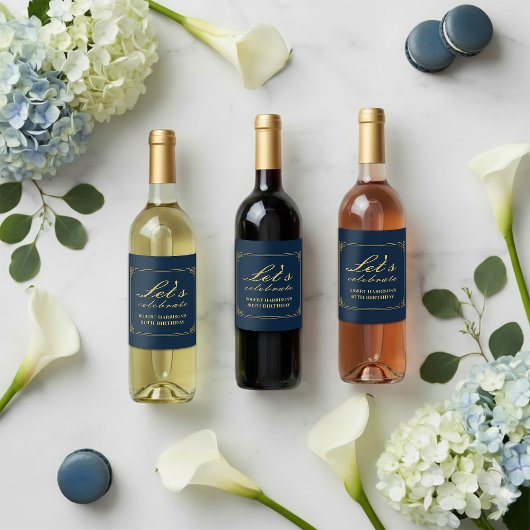 Wine Label Chic Luxury Navy Gold 80th Birthday Wijn Etiket