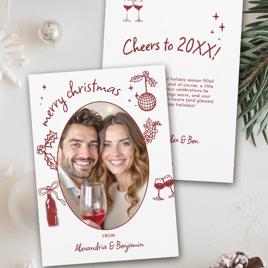 Wine Lover Hand-Drawn Whimsical Photo Holiday Card Feestdagenkaart