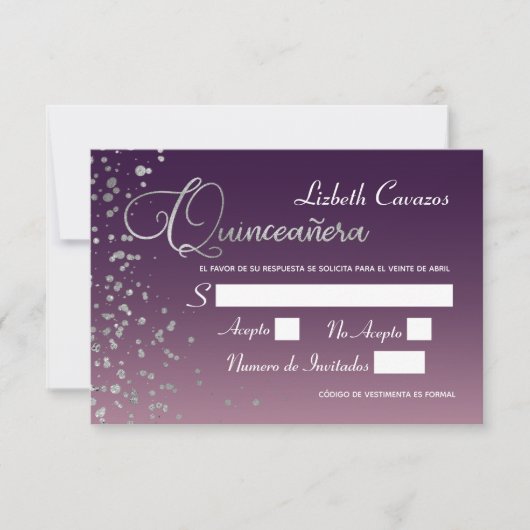 Wine Mauve Paarse Silver Confetti Quinceanera RSVP Kaart (Voorkant)