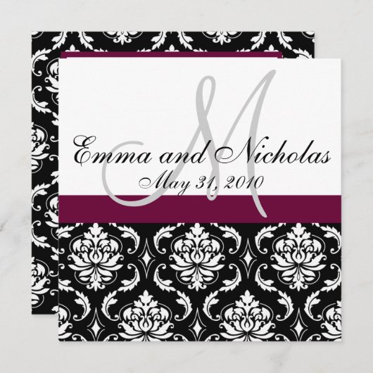 Wine Monogram Damask Wedding Invitation Front Kaart (Voorkant / Achterkant)