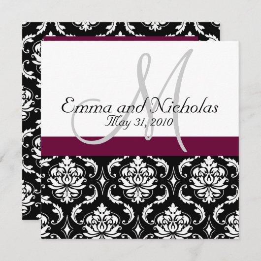 Wine Monogram Damask Wedding Invitation Kaart (Voorkant / Achterkant)