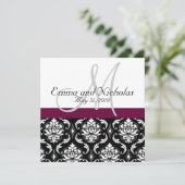 Wine Monogram Damask Wedding Invitation Kaart (Staand voorkant)