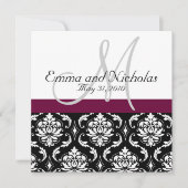 Wine Monogram Damask Wedding Invitation Kaart (Voorkant)