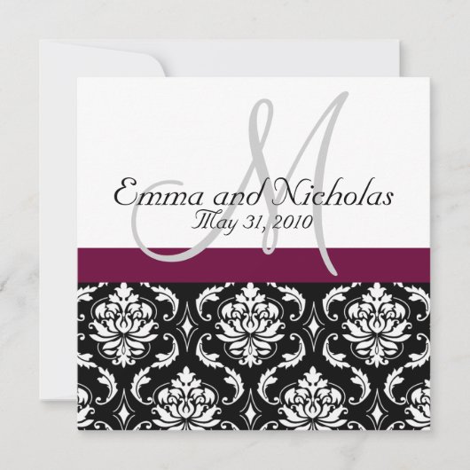Wine Monogram Damask Wedding Invitation Kaart (Voorkant)