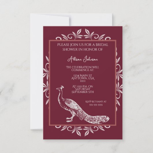 Wine Peacock Flourish Bridal Shower Invitation Kaart (Voorkant)