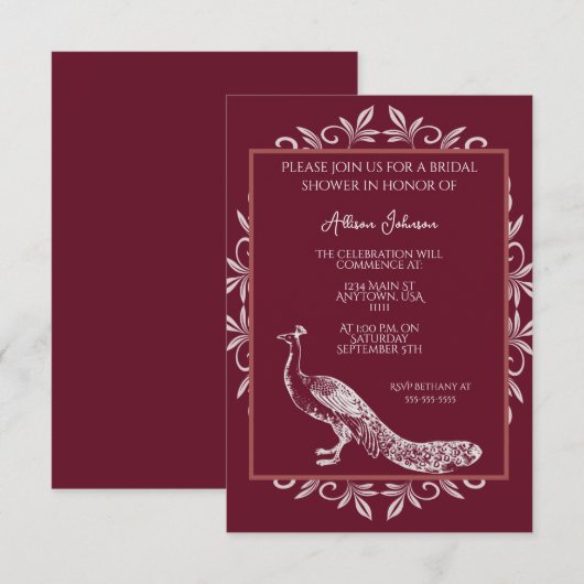 Wine Peacock Flourish Bridal Shower Invitation Kaart (Voorkant / Achterkant)