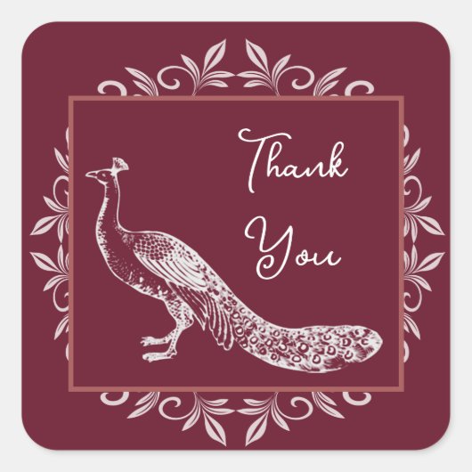 Wine Peacock Flourish Weddenschap Bedankt Vierkante Sticker (Voorkant)