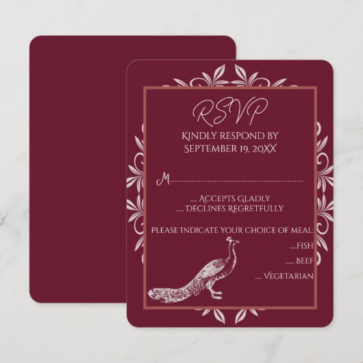 Wine Peacock Flourish Wedding RSVP Card (Voorkant / Achterkant)