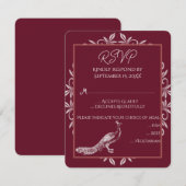 Wine Peacock Flourish Wedding RSVP Card Kaartje (Voorkant / Achterkant)