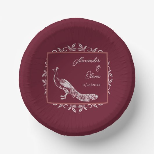 Wine Peacock Flourish Wedding Shower Paper Bowls Papieren Kommen (Voorkant)