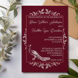Wine Peacock Vlourish Wedding Invitation Kaart<br><div class="desc">Nodig gasten uit voor je aanstaande bruiloft met een Wine Peacock Vlourish Wedding Uitnodiging. Het uitnodigingsontwerp kenmerkt een elegante pauw die met bloei wordt bewogen. Personaliseer met de bruom en de namen van de bruid samen met de trouwdatum en de plaats. Extra trouwbenodigdheden zijn ook beschikbaar bij dit ontwerp.</div>
