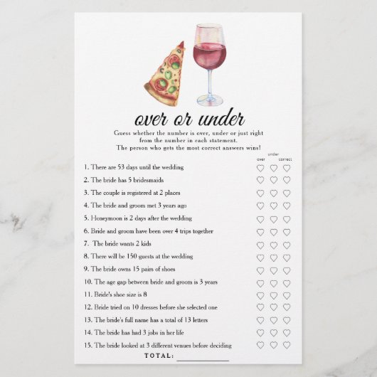 Wine & Pizza Bridal shower Over or under game (Voorkant)