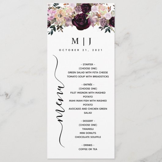 Wine Plum Mauve Herfst Floral Wedding Menu (Voorkant)