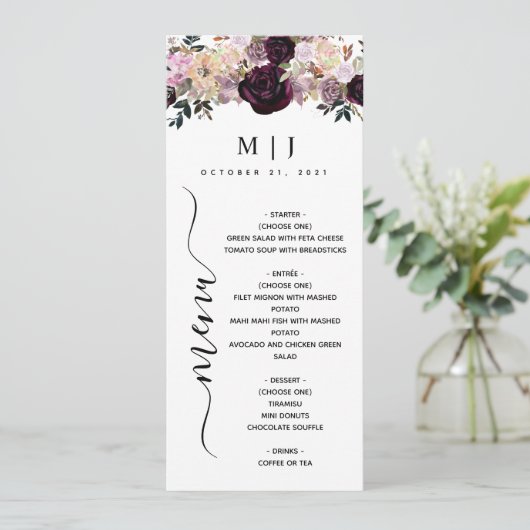 Wine Plum Mauve Herfst Floral Wedding Menu (Staand voorkant)