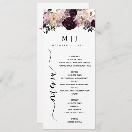 Wine Plum Mauve Herfst Floral Wedding Menu (Voorkant / Achterkant)