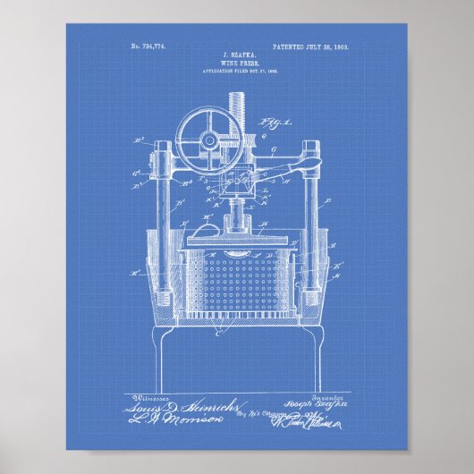 Wine Press 1903 Patent Art Blueprint Poster (Voorkant)