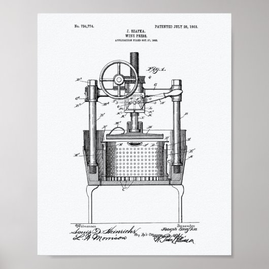 Wine Press 1903 Patent Art White Paper Poster (Voorkant)