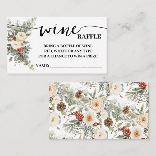 Wine Raffle Ticket Shower Card White Winter Floral (Voorkant / Achterkant)