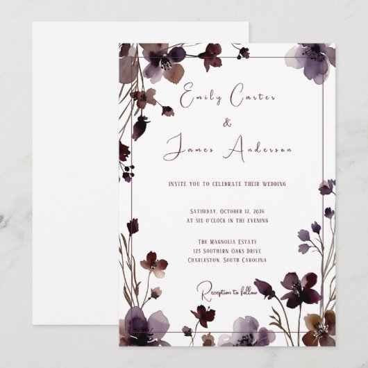 Wine Red Plum Mauve Fall Floral Wedding Kaart (Voorkant / Achterkant)