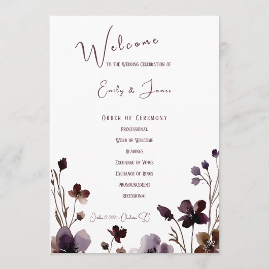Wine Red Plum Mauve Fall Floral Wedding Programmakaart (Voorkant)