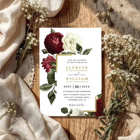 Wine Red Roses Rustic Country QR Code Wedding Kaart
