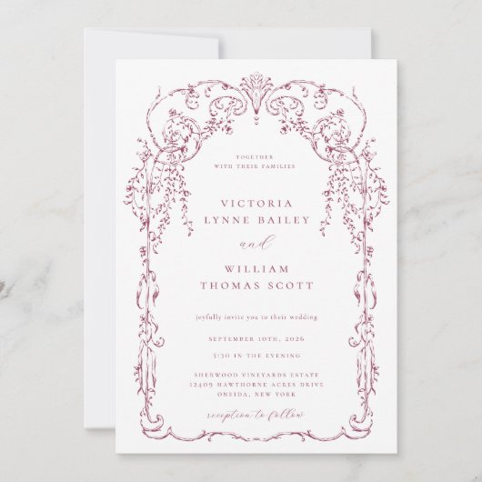 Wine Red Victorian Frame Wedding Kaart (Voorkant)
