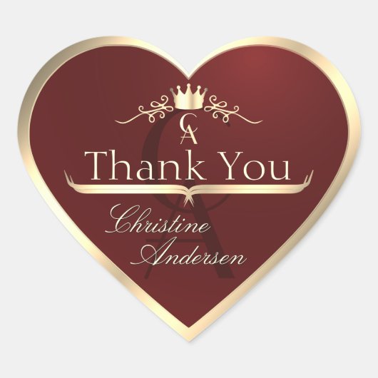 Wine Red with Gold Border and Monogram Thank You Hart Sticker (Voorkant)