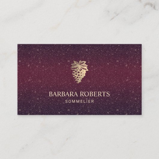 Wine Sommelier Gold Grapes Logo Burgundy Glitter Visitekaartje (Voorkant)