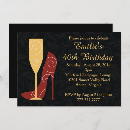Wine Stiletto Heels Champagne Birthday Invitation Kaart (Voorkant / Achterkant)