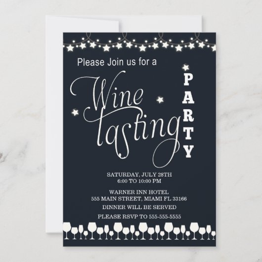 Wine Tasting Party Invitation Black White Kaart (Voorkant)