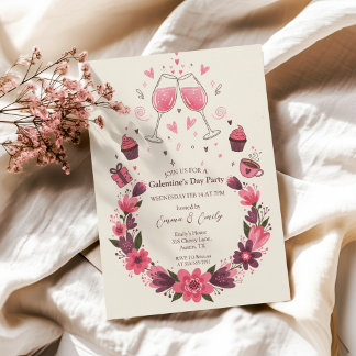 Wine Toast Floral Galentine's Invitation Kaart