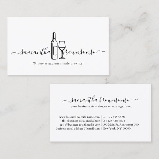 Winery restaurant, eenvoudige lijntekentekening visitekaartje (Voorkant / Achterkant)