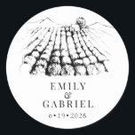 Winery Vineyard Wedding Ronde Sticker<br><div class="desc">Een rijke illustratie van de wijngaard die de sticker van het huwelijk tekent.</div>
