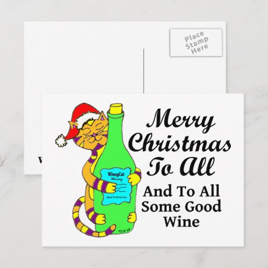 Winey kat Kerstmis "...en aan alle goede wijn" Feestdagenkaart (Voorkant / Achterkant)