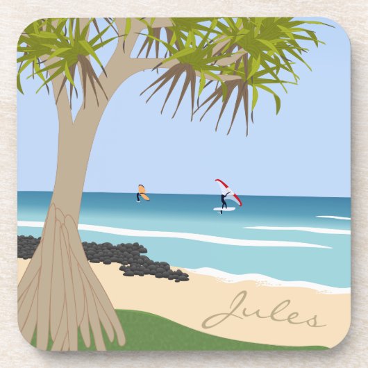 Wing Folie Surfers Pandanus Tree at Beach Naam toe Bier Onderzetter (Voorkant)