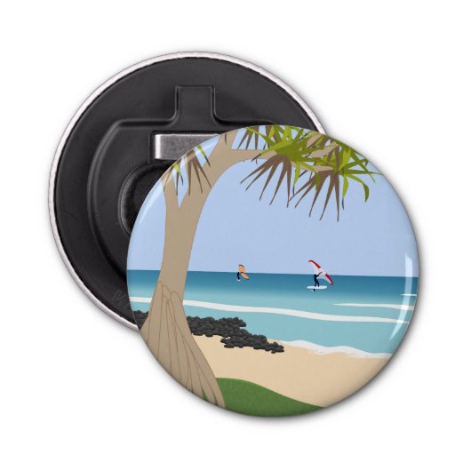 Wing Folie Surfers Pandanus Tree op het strand Button Flesopener (Voorkant)