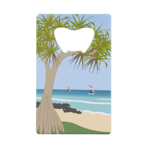 Wing Folie Surfers Pandanus Tree op het strand Creditkaart Flessenopener
