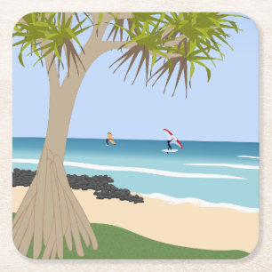 Wing Folie Surfers Pandanus Tree op het strand Kartonnen Onderzetters