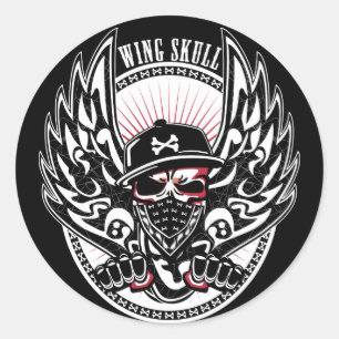 WING SKULL-W RONDE STICKER