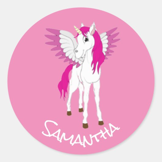 Wing Unicorn Party roze Classic Round Sticker (Voorkant)