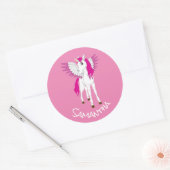 Wing Unicorn Party roze Classic Round Sticker (Envelop)