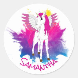 Wing Unicorn Party roze Classic Round Sticker