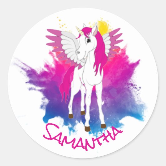 Wing Unicorn Party roze Classic Round Sticker (Voorkant)