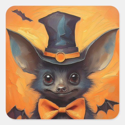 Winged Bat in Tall Witch Hat Vierkante Sticker (Voorkant)