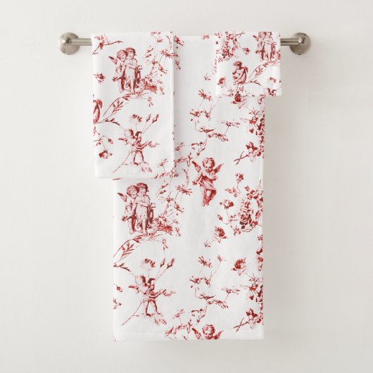  Winged Cherub Angels Flowers Red Toile Bad Handdoek (Insitu)