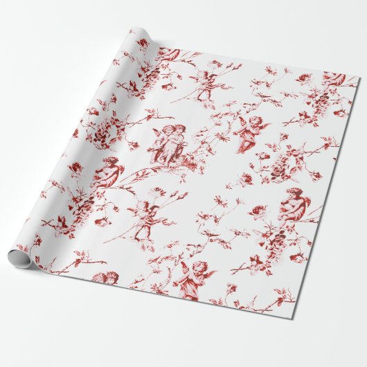  Winged Cherub Angels Flowers Red Toile Cadeaupapier (Uitgerold)